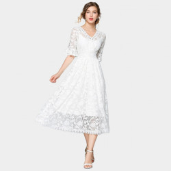 V-neck white lace midi dress